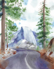 Yosemite national park landscape half dome mountain view watercolor painting illustration - 289389918