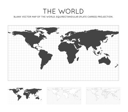 Map of The World. Equirectangular (plate carree) projection. Globe with latitude and longitude lines. World map on meridians and parallels background. Vector illustration.