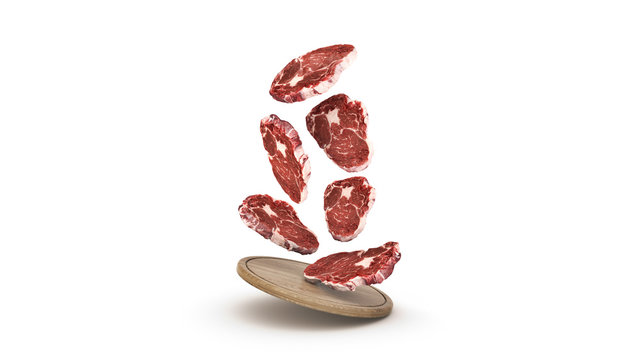 Flying raw steaks on wooden board. 3d rendering