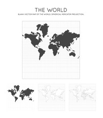 Map of The World. Spherical Mercator projection. Globe with latitude and longitude lines. World map on meridians and parallels background. Vector illustration.