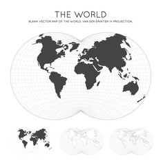 Map of The World. Van der Grinten IV projection. Globe with latitude and longitude lines. World map on meridians and parallels background. Vector illustration.