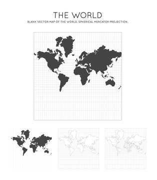 Map of The World. Spherical Mercator projection. Globe with latitude and longitude lines. World map on meridians and parallels background. Vector illustration.