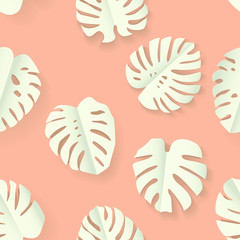 Fototapeta na wymiar Seamless pink and white paper art folded monstera leaves pattern vector
