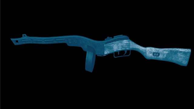 2d Animation motion graphics showing a hologram of a vintage World War two Russian rifle magazine-fed selective fire submachine gun on black screen in HD high definition done in 3D retro style.