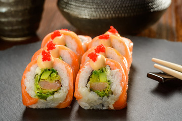 Salmon and avocado sushi rolls