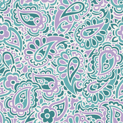 Seamlessly repeating Paisley pattern in aqua and lilac colour