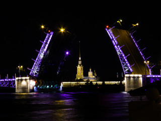 Fototapeta na wymiar The open Palace Bridge by night. In St. Petersburg, Russia