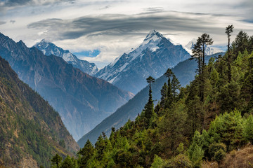 Himalayan mountains and forests in Manaslu region, Nepal.