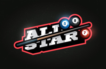All Star Modern professional Typography billiard sport retro style vector emblem and template logo design. Funny greetings for clothes, card, badge, icon, postcard, banner, tag, stickers, print.