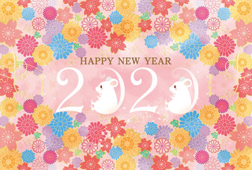 年賀状　子年　2020　年賀2020　年賀状2020　2020年　ねずみ　ねずみ年　菊　白　和風
