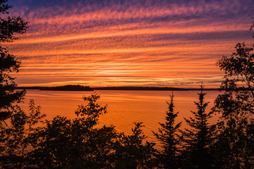 Sunset skies above a woodland coast
