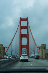 Driving on the Golden Gate Bridge on an overcast day in san fransisco