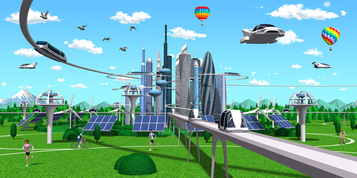 Smart city and monorail with 3D rendering