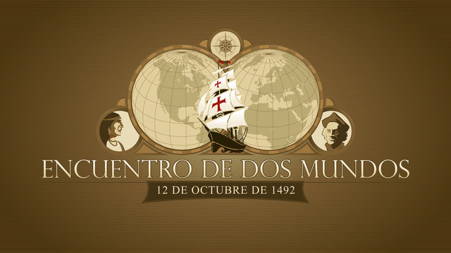 ENCUENTRO DE DOS MUNDOS -Meeting of two worlds in Spanish language. Commemorative drawing. Map of America and Europe with a caravel in the middle, drawing of an Indian and a Spanish man. Vector image