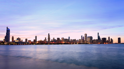 Chicago skyline at sunset with Lake Michigan on the foreground, IL, USA