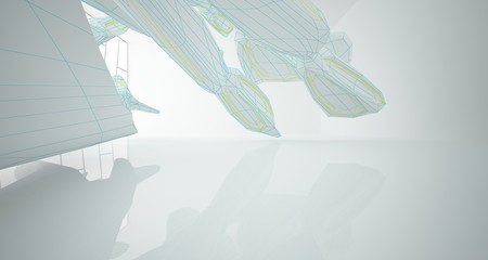 Drawing abstract architectural white interior of a minimalist house with large windows. 3D illustration and rendering.