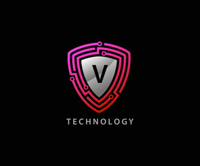 Techno Shield V Letter Logo Icon, Creative Techno Shield Badge.