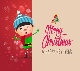 Kid with big signboard. Merry Christmas calligraphy lettering design. Creative typography for holiday greeting