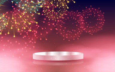 silver podium with colorful fireworks background
