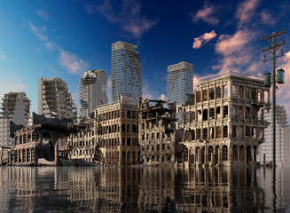 Global Warming Ruins of a city apocalyptic landscape 3d illustration concept