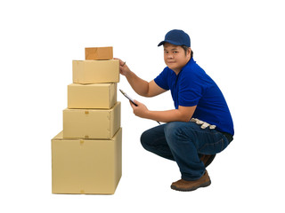 asian delivery man working in blue shirt is checking or counting product on isolated white background