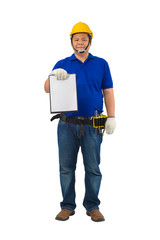 construction foreman in blue shirt with Protective gloves, helmet with tool belt hand holding clipboard and presenting receiving form for signing isolated on white