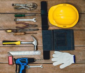 old instruments constructor or renovation for build and repair house on wooden background