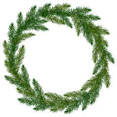 Wreath from fir-tree branches. Christmas tree branches frame for flyer, cover, presentation, brochure, banner, poster.