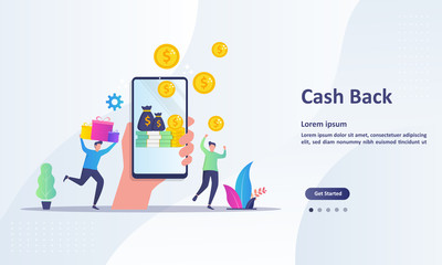 Cash Back concept design, people getting cash rewards and gift from online shopping, Suitable for web landing page, ui, mobile app, banner template. Vector Illustration