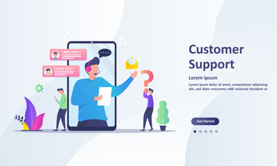 Customer Support concept design, Operator with headset doing live feedback, hotline operator advises client, Suitable for web landing page, ui, mobile app, banner template. Vector Illustration