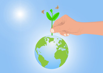 Hand holding planting sprout on earth on blue sky background, environmental concept vector illustration