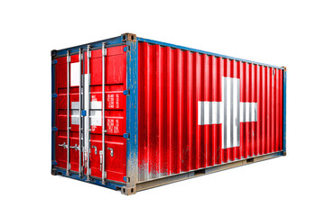  The concept of  Switzerland export-import, container transporting and national delivery of goods. The transporting container with the national flag of Switzerland, view front