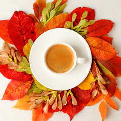 Autumn, fall leaves, hot steaming cup of coffee and a warm on table background. Seasonal, morning coffee, Sunday relaxing and still life. Bright cafe menu concept