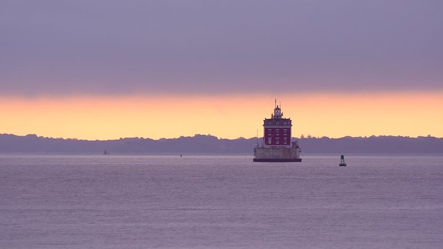 New London Ledge Lighthouse on the Thames River in Groton, Connecticut on a Gloomy Morning, Establishing Shot