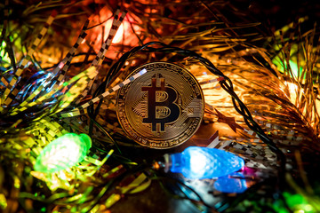 Bitcoin gold christmas. Gold coin of Bitcoin in the spruce branches. A gift for the new year capabality.
