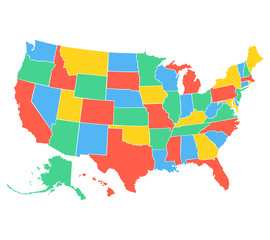 Political map of USA, United States of America, in four colors on white background. Vector illustration.