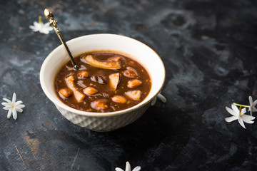 ambrosia or Panchamrit or Panchamrut or Panchamrutham or Panchamrutha is a sweet and sour food offered in prayers or puja to hindu Deity or gods