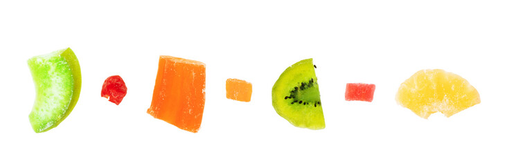 Different candied fruits on a white background