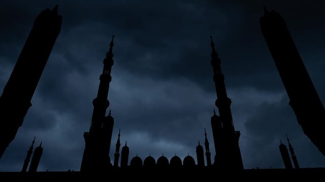 Madinah: Prophet's Muhammad Mosque, Masjid Al Nabawi or Nabi Mosque, Tunderstorm and Lightning Time Lapse with Dark Clouds, Saudi Arabia