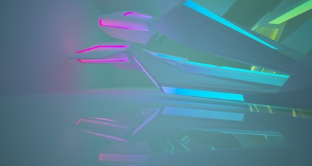 Fototapeta na wymiar Abstract architectural white interior of a minimalist house with color gradient neon lighting. 3D illustration and rendering.