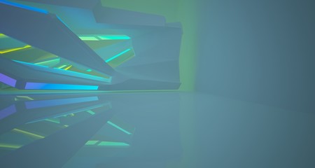 Fototapeta premium Abstract architectural white interior of a minimalist house with color gradient neon lighting. 3D illustration and rendering.