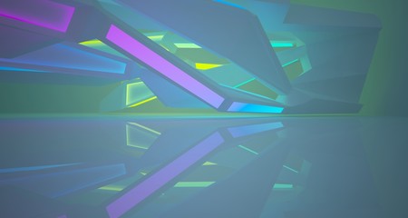 Abstract architectural white interior of a minimalist house with color gradient neon lighting. 3D illustration and rendering.