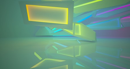 Abstract architectural white interior of a minimalist house with color gradient neon lighting. 3D illustration and rendering.