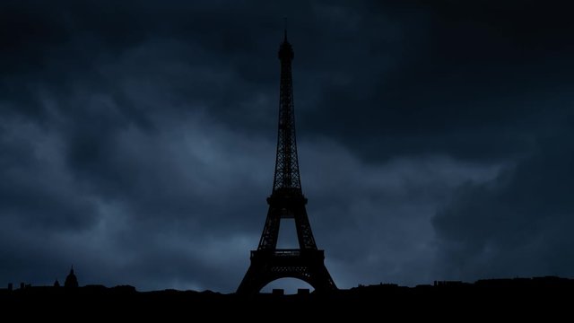 Paris Skyline and Eiffel Tower with Lightning, Thunderstorm and Dark Clounds Time Lapse, France