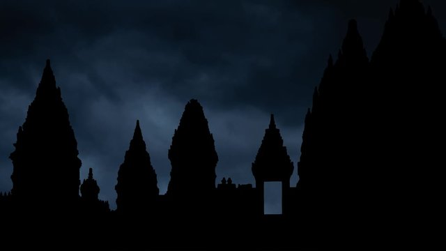 Prambanan or Candi Rara Jonggrang: Time Lapse with Thunderstorm, Lightning and Dark Clouds, Hindu Temple in Yogyakarta, Java island, Indonesia, Asia