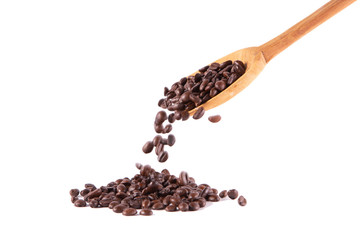Coffee bean falling from spoon on white background