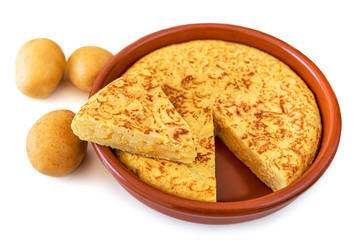 Authentic Spanish potato omelet called tortilla de patatas isolated on white background. Egg Omelette.