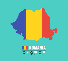 High detailed vector map of Romania. Name country, flag and pointer set. Flat vector illustration.