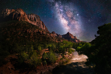 Night scene of the Milky Way and stars at Zion National Park - obrazy, fototapety, plakaty