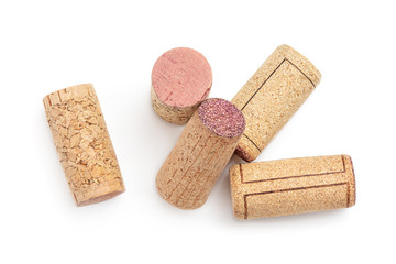 Bunch of wine corks Isolated on white background. Top view. Flat lay